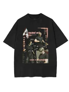Horror Game Fan Gift Leon Kennedy RE4 T-Shirt, Vintage Washed Resident Evil 4 Streetwear Tee for Men Women, Men's & Women's Washed Oversized Heavyweight t-shirt for TikTok Fashion Hip Hop,NEW TEE,Sports Shirt,Workout T-shirt