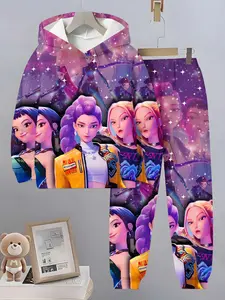 K/da Girl Group Children Set Starry Sky Printed Hoodie Sweatpants Two-Piece Set, Casual Long Sleeve Fitted Sweatsuit