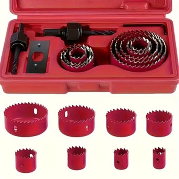 1 Hole Saw Set, Hole Saw Kit, 8 Saw Blades 3/4" - 2-1/2" (19mm-64mm) Hole Saw, Mandrel,Allen Wrench, Great For Drilling Softwood, PVC Boards, Plastic Boards