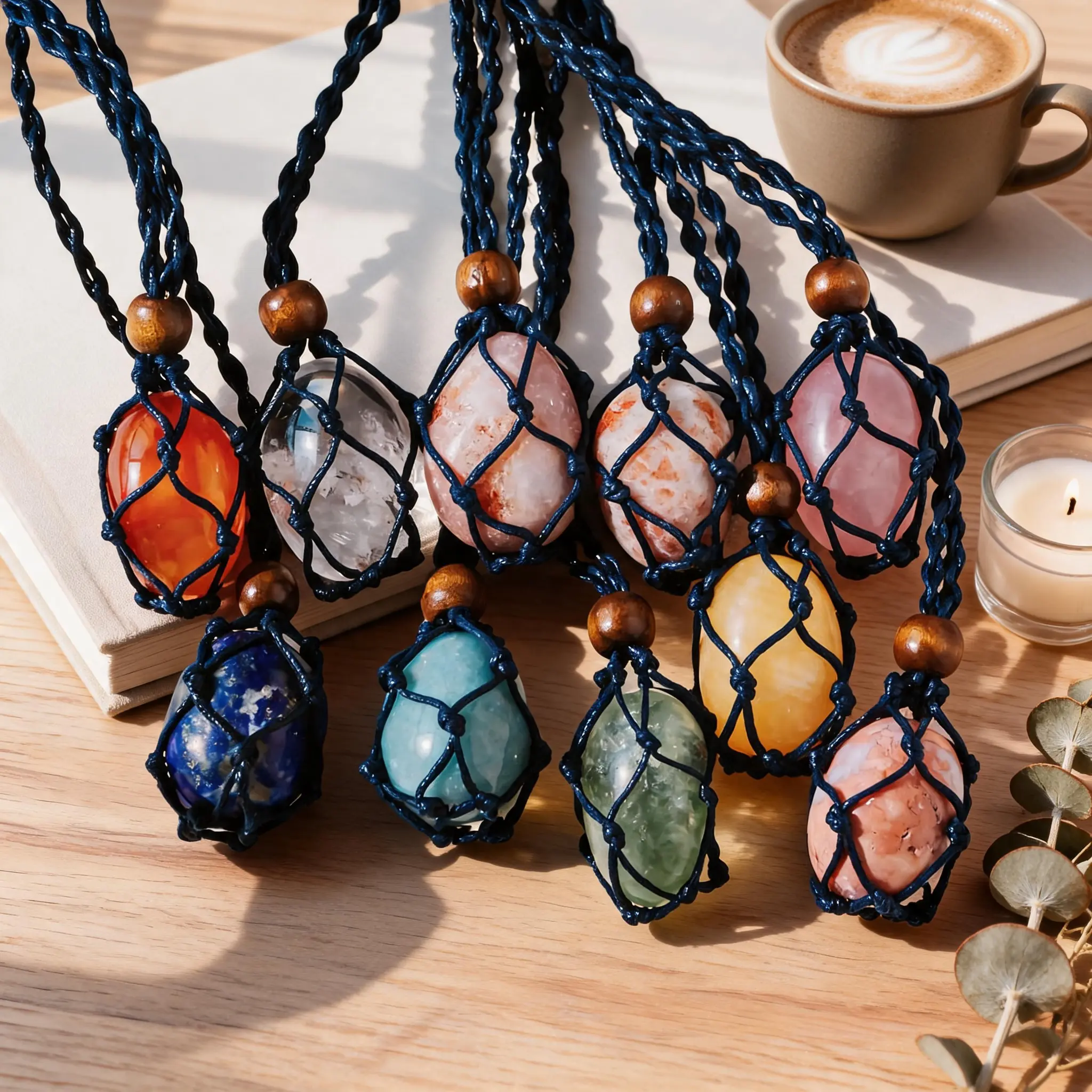【Cord】Natural Crystal Cage Necklace | Adjustable Cord | Replaceable Healing Crystal Tumble & Point Stones