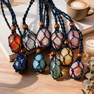 【Cord】Natural Crystal Cage Necklace | Adjustable Cord | Replaceable Healing Crystal Tumble & Point Stones