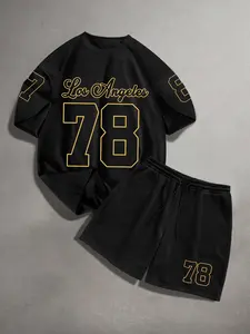 Men's Loose Short Sleeve Shorts Set, Los Angeles 78 Number Contour Print, Soft Breathable T-Shirt & Elastic Waist Shorts Gym
