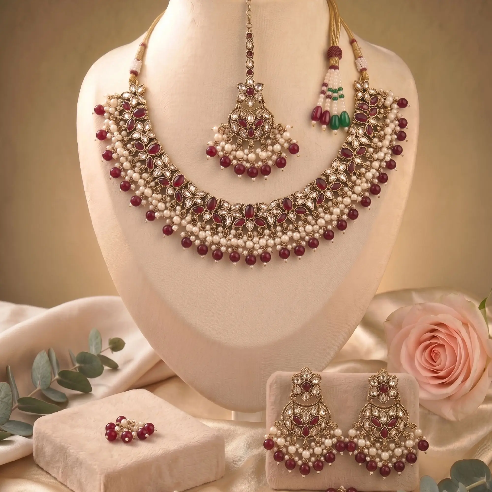 Indian Polki Necklace Set with Earrings & Tikka