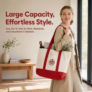 Large Capacity Color Block Canvas Tote Bag for Men & Women, Heavy Duty 12oz Poly-Cotton Shoulder Bag with Double-Sided Embroidered Pockets That Holds Groceries and Books Safely During Weekend Trips and Workdays