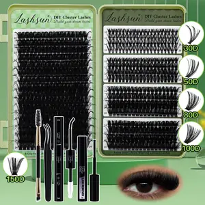 Lashsun 592PCS D Curl 5 Styles 30D-150D Mixed Length Cluster Lashes Kit Soft Comfortable Long Lasting with Bond Seal Remover Brush Tweezers for Daily Life Dates Party Eyelash Extensions