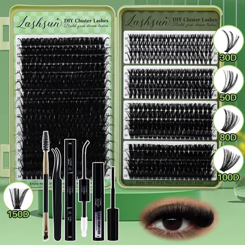 Lashsun 592PCS DIY D Curl Multi-Size Cluster Lash Extension Kit - 5 Styles, 30D-150D Mixed Lengths, Plant Fibre, Soft, Comfortable, Long-Lasting, with Bond, Seal, Remover, Brush, Tweezers for Makeup Eyelashes Extensions Daily Wear