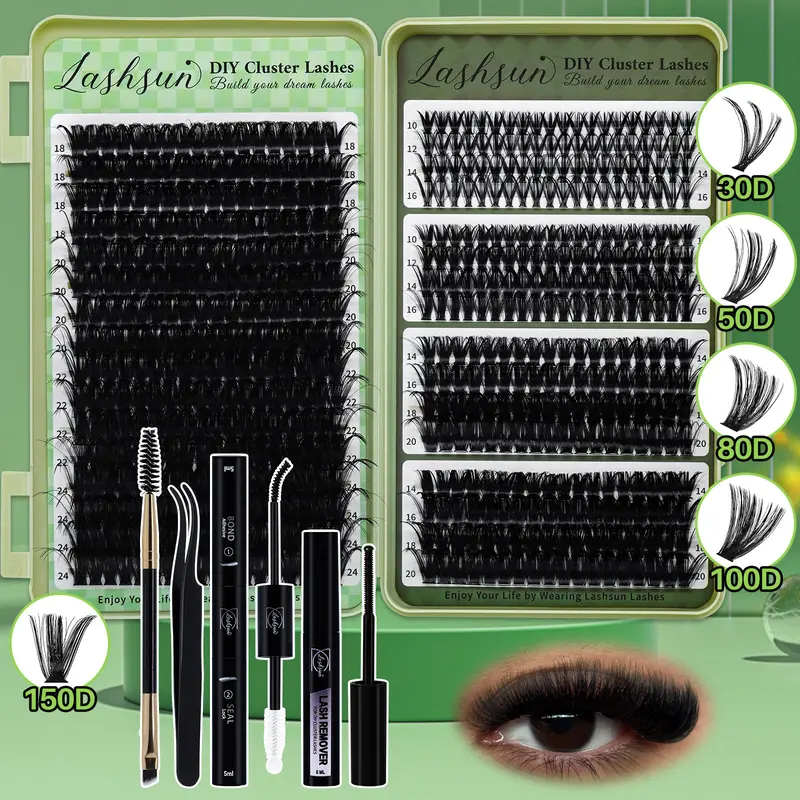Lashsun 592PCS DIY D Curl Multi-Size Cluster Lash Extension Kit - 5 Styles, 30D-150D Mixed Lengths, Plant Fibre, Soft, Comfortable, Long-Lasting, with Bond, Seal, Remover, Brush, Tweezers for Makeup Eyelashes Extensions Daily Wear