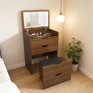 3-in-1 Vanity Desk with Flip Top Mirror & Lights Japanese Style Walnut Dressing Table Set for Bedroom 3 Drawers 3 Light Modes Clear Glass Top Space-Saving Design