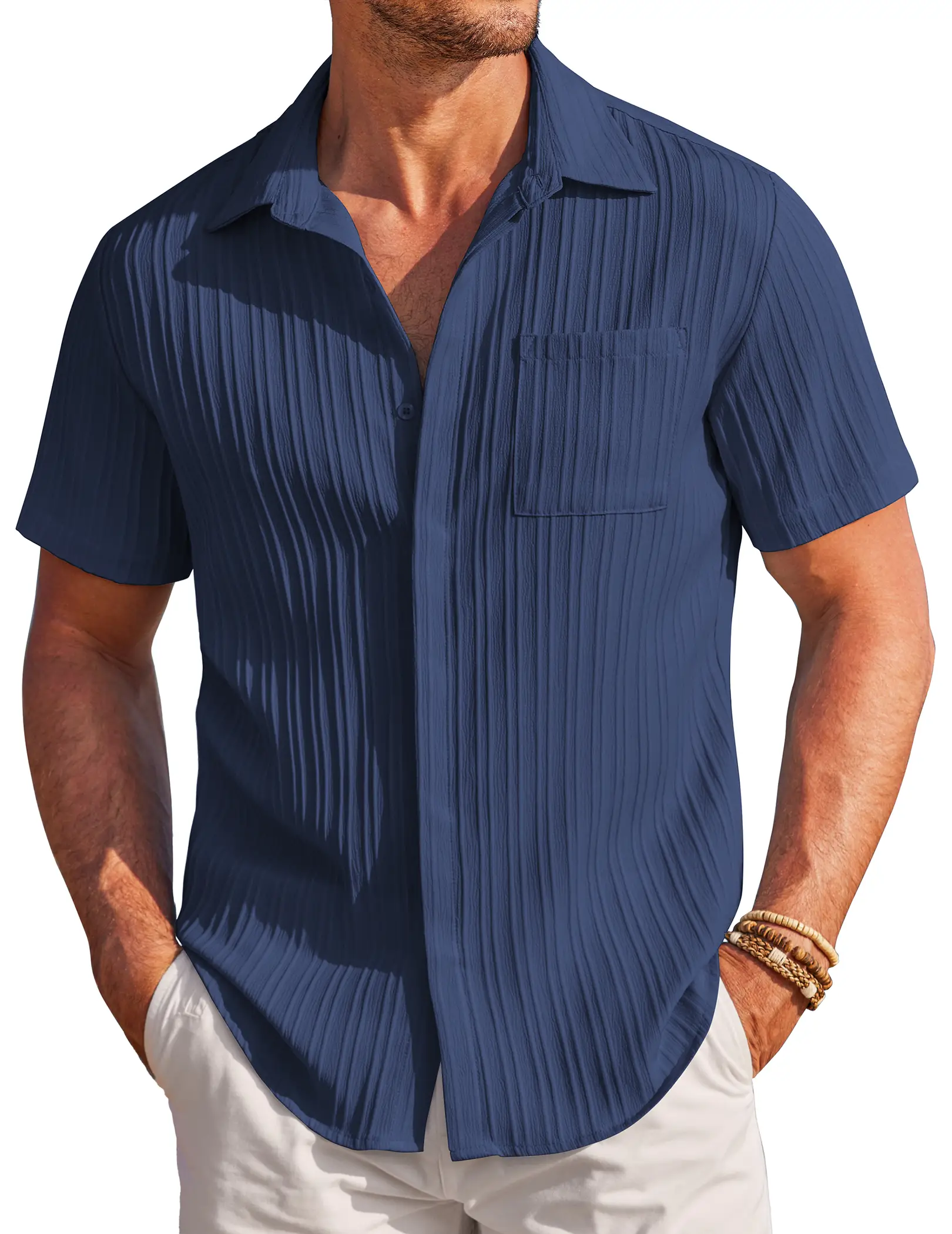 Coofandy Men's Casual Button Down Shirt - Navy Blue Textured Short Sleeve Fitted Collared Neck Summer Beach Top for Men - Canvas
