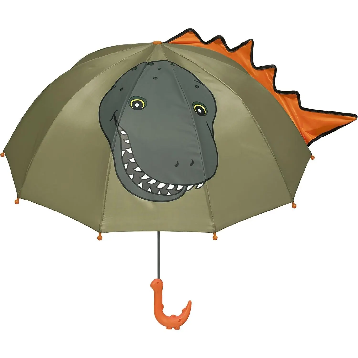Green Dinosaur Child-Size Umbrella for Boys - Waterproof, Rainproof, Nylon Fabric, Lightweight, Push-Button, Fun Dino Handle, Pop-Out Spikes, Big Smile, Attached Strap, Water Proof, Velcro Strap