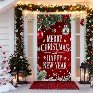 1pc Enhance Your Home with a Festive Christmas Door Curtain - Perfect for Holiday Celebrations and New Year Cheer - Vibrant Red and Green with Pine Garlands and Ornament Print - Ideal for Creating Welcoming Festival Atmosphere - Elevate Your Décor for Mem
