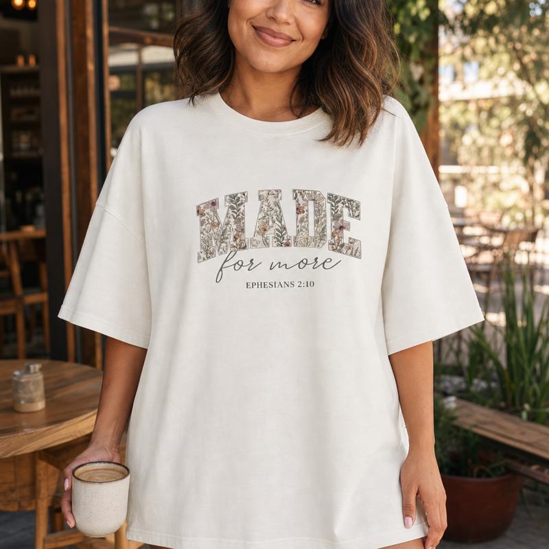 Women's 100% Cotton Loose-Fit Crew Neck Short Sleeve Drop Shoulder Casual T-Shirt - Floral Graphic, Faith Theme, Ephesians Bible Verse Top