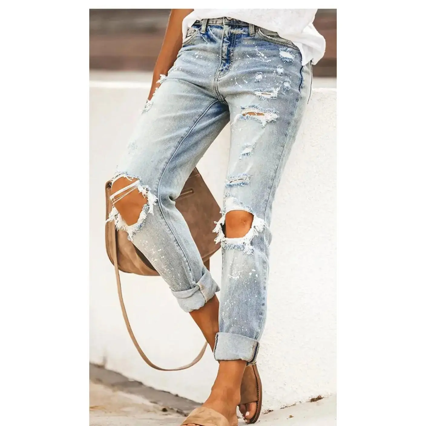 Women's Classic Deconstruction Tattered Denim Jeans - Super Cute Fit Women's Bottoms, Full Length, Basic, Pants, All Seasons, Casual, Stretch Denim