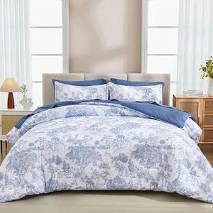 Blue Comforter Set , 7 count Bed in a Bag  Size Botanical Comforters with Sheets Elegant  Print Soft Microfiber Reversible Complete Bedding Sets for All Season