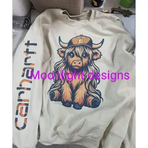 Moonlight Designs 50/50 Crewneck Sweatshirt Long Sleeve Casual Autumn Hoodie with Highland Cow Graphic