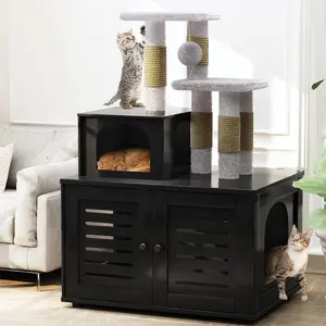 DKLGG Cat Litter Box Enclosure with Cat Tree, Hidden Cat Washroom Furniture, Wooden House with Platform, Scratching Post and Soft Plush Perch