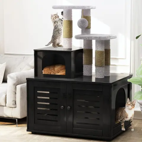 DKLGG Wooden Enclosed Litterbox Full Set - Indoor Cat Furniture with Covered Litter Box, Sisal Scratching Post, Tree Platform, Soft Plush Perch, Fuzzy Ball, 29.92"l x 19.29"w x 42.91"h