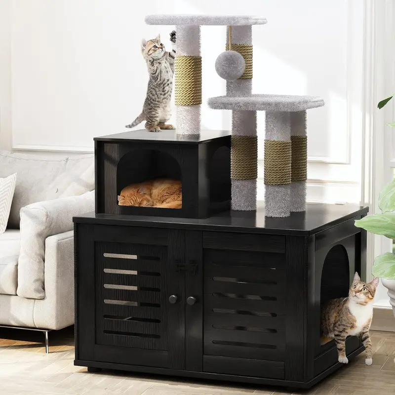 DKLGG Wooden Enclosed Litterbox Full Set - Indoor Cat Furniture with Covered Litter Box, Sisal Scratching Post, Tree Platform, Soft Plush Perch, Fuzzy Ball, 29.92"l x 19.29"w x 42.91"h