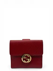 Pre-owned GUCCI PEBBLED LEATHER Small Leather Goods INTERLOCKING RED CALFSKIN SHORT WALLET