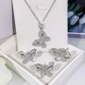 Net red goods source  Butterfly style studded with zircon ring earrings necklace three-piece set Nice and cheap bridal jewelry