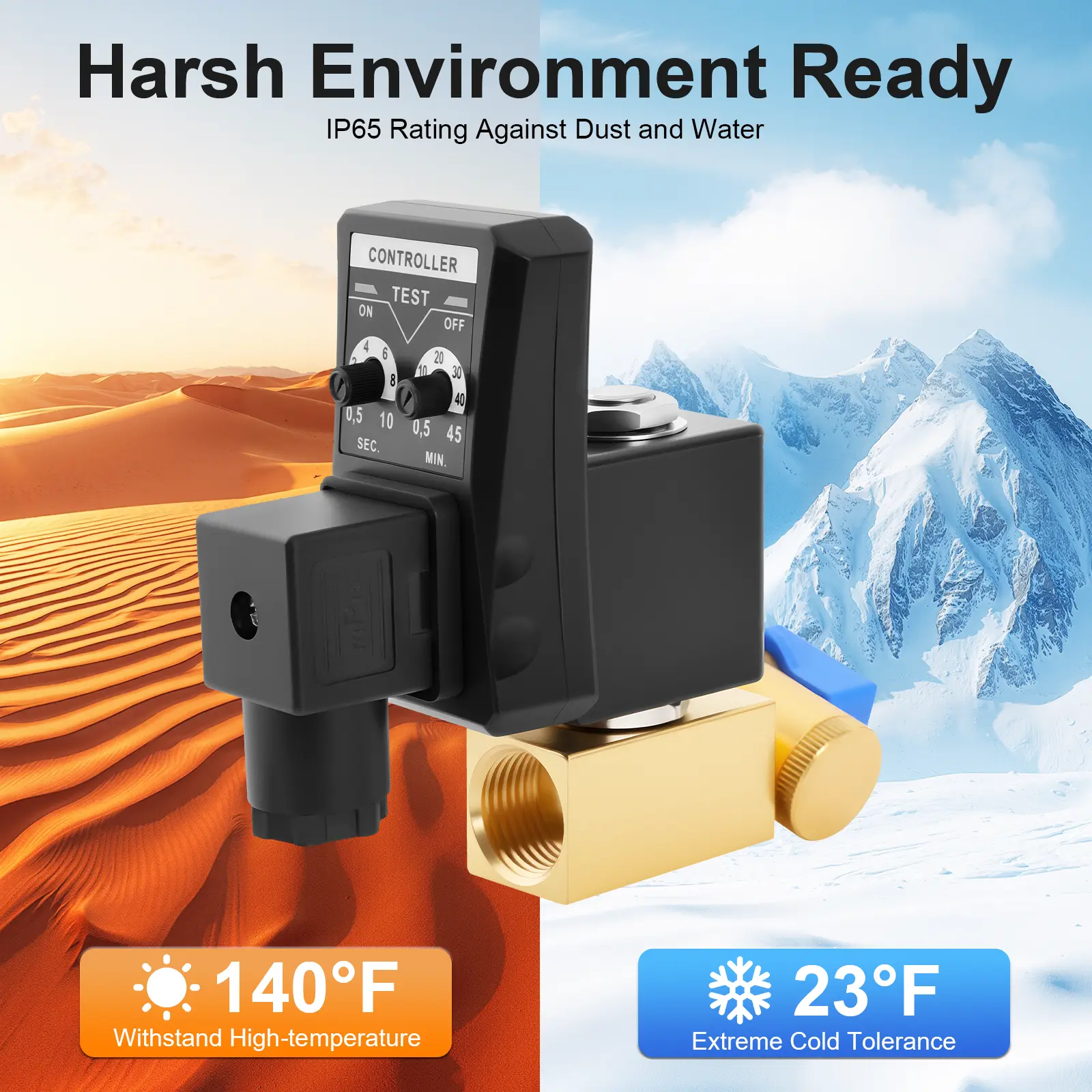 CNCEST Split-Type Automatic Drain Valve with Controller for Residential Use, IP65 Rated, 0.5-45 Mins Adjustable Time, 23°F-140°F Temp Range, ABS & Brass Construction, 1/2-Inch Inlet/Outlet, AC110V 50Hz, 4mA