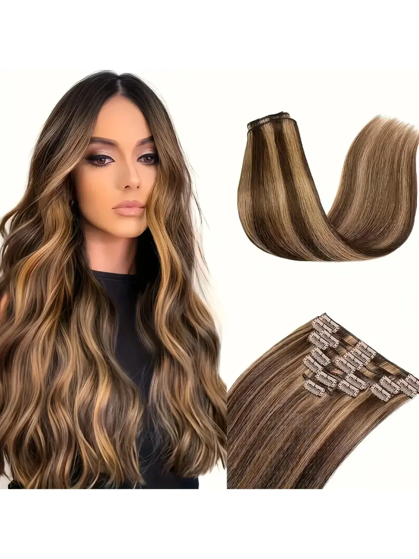 8Pcs #4/27 Highlight Clip In Hair Extensions 100% Remy Hair Straight Full Head Human Hair Clips In Hair Blonde Brown Color, Natural Soft Human Hair Real Hair Extensions Human Hair Highlights