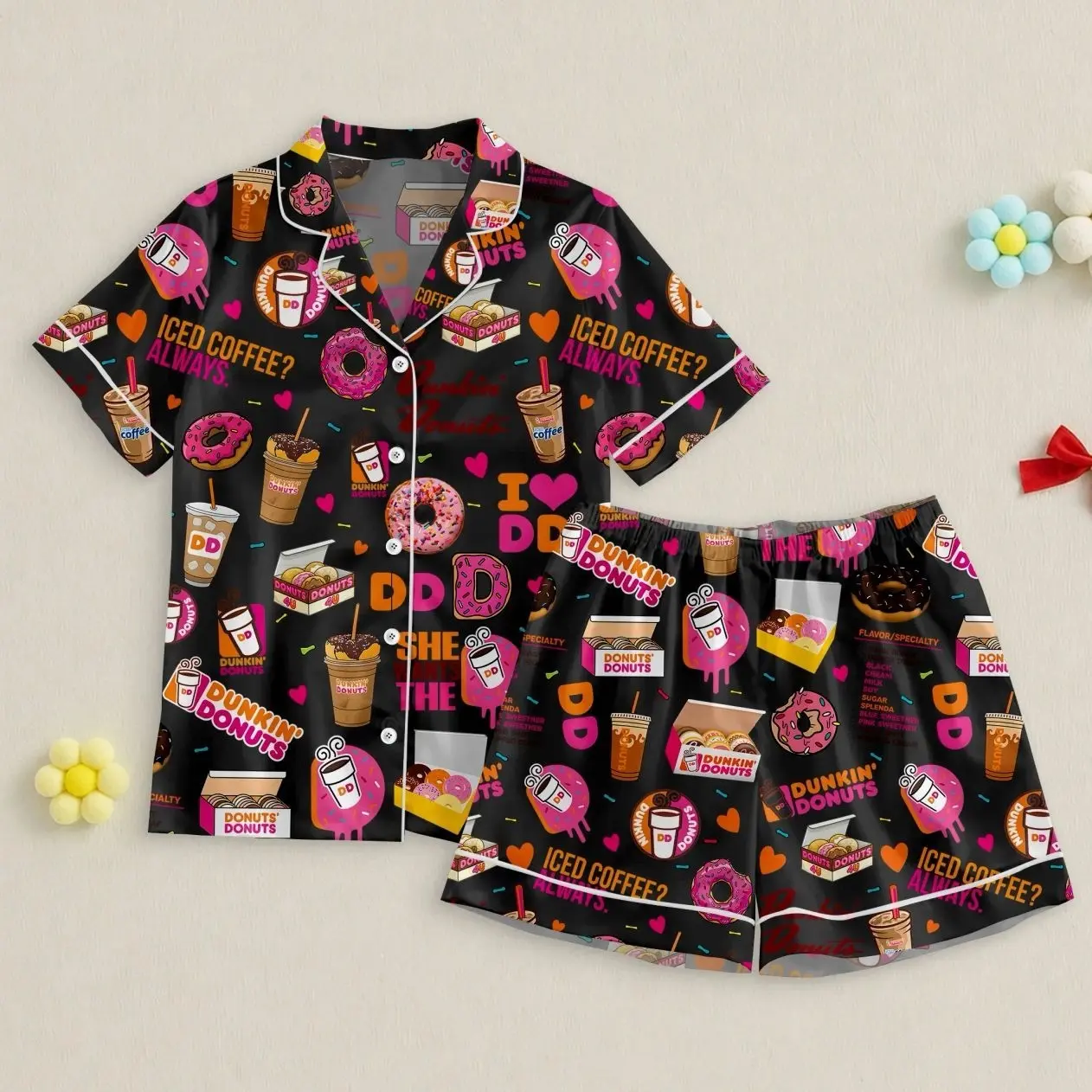 Donut Pajamas Set, Sleep Wear, Donut Lover Satin Pajamas For Women, Gift For Her