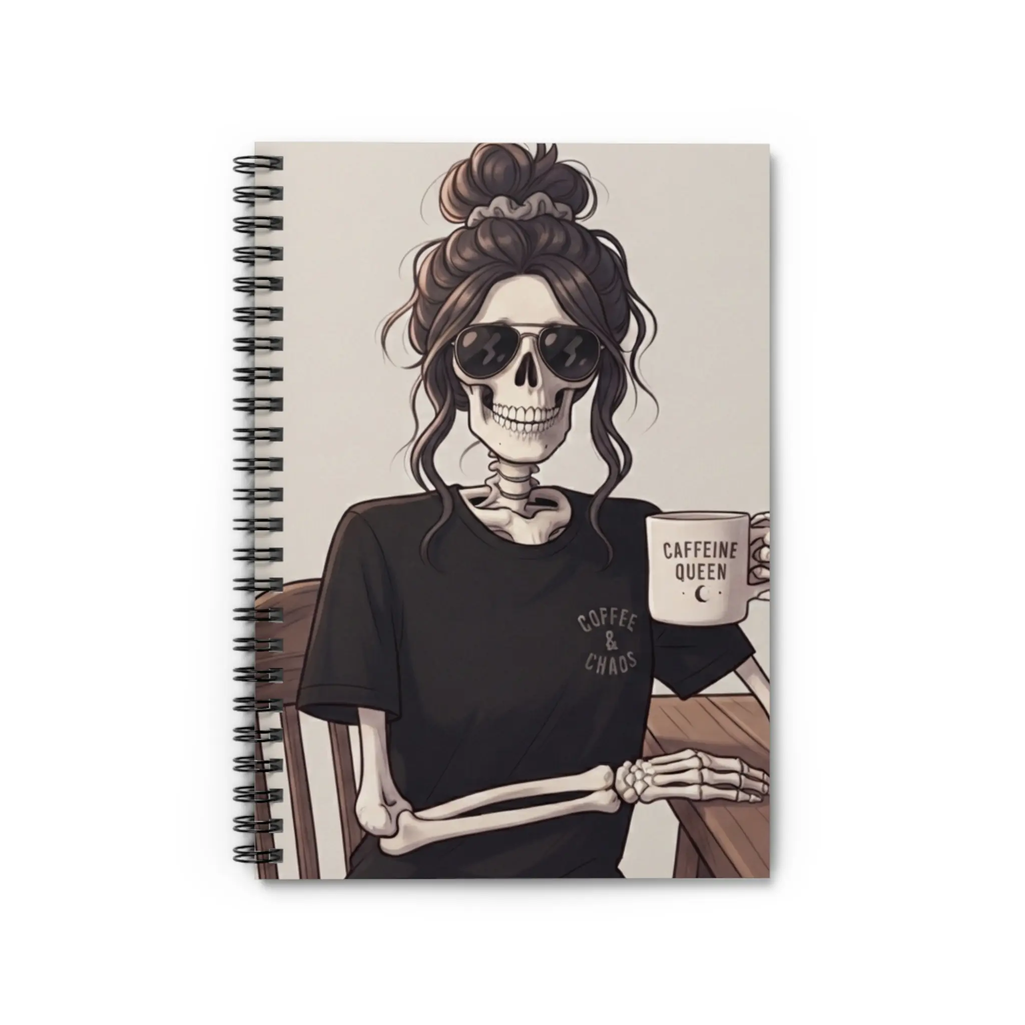 Skeleton Girl with Coffee Spiral Notebook | Caffeine Queen Ruled Journal