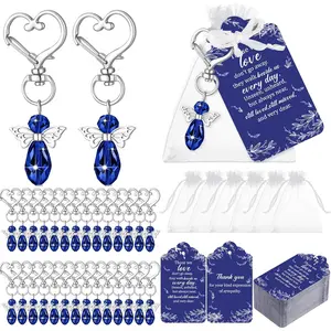 Junkin Funeral Favors Celebration of Life Favors Angel Keychains Thank You Cards for Memorial Guest Return Gifts(Charming,Blue,100 Set)
