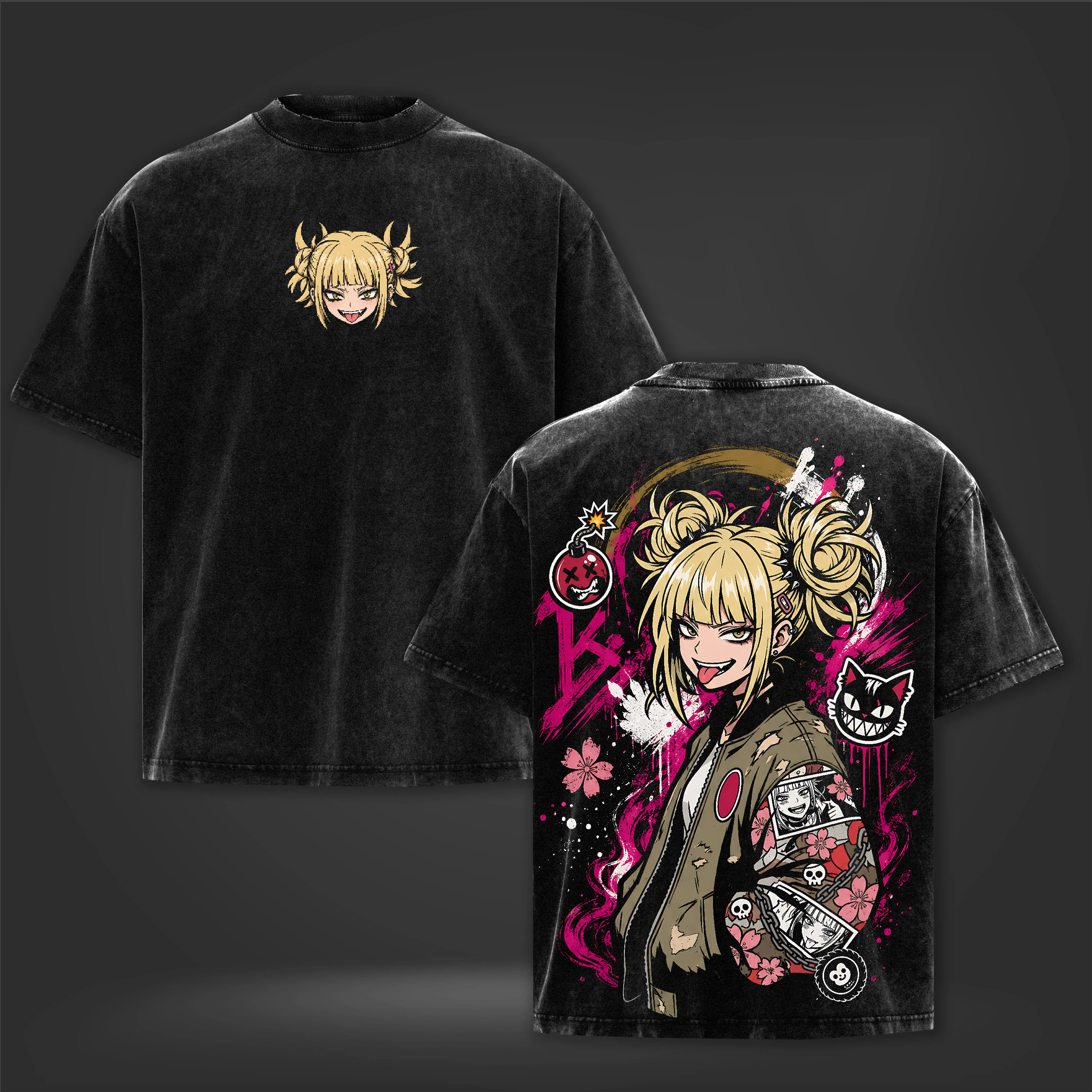 My Hero Academia Himiko Toga Anime Graphic T-Shirt, Vintage Washed Black Oversized Tee, Front & Back Print Villain Streetwear Shirt, Unisex Short Sleeve Anime Top