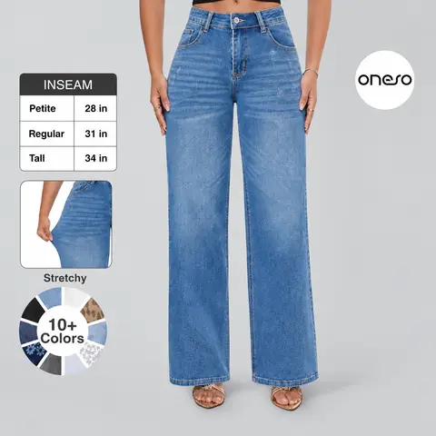 【3 Lengths】ONESO Stretchy BBL Mid Low Rise Wide Leg Baggy Distressed Jeans Medium Blue Wash Comfortable Tummy Control Curve Hugging Plus Size Regular Size 8001