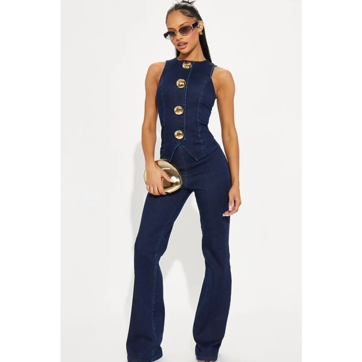 Women's Sonya Plus Size Casual Blue Denim Jumpsuits & Rompers - Indigo 9, Polyester Loose Wide Leg Jumpsuits & Rompers