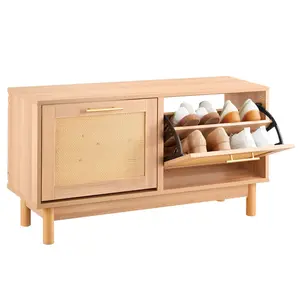 Entryway Shoe Storage Bench With 39.4 X 11.8 X 20.9 Inch Size, Rattan-Like Finish, Flip Drawer Design, Hidden Shoe Organizer, Hallway Console Bench For Entryway, Space-Saving Mudroom Seating, Durable Wood-Composite Frame