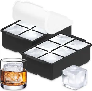 Large Silicone Ice Cube Tray (2-Pack), Easy Release 2" Big Ice Cubes - Cocktail, Whiskey Ice Cubes Mold - BPA Free Ice Trays for Freezer - Ice Tray With Stackable Lid - Black Beverage Utensils