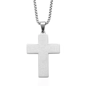 Padre Nuestro Cross Mens Pendant Necklace 23.5 Inches in Stainless Steel