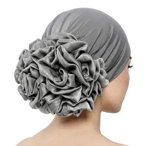 Muslim 2PCS Stretch Knit Inner Hijab Turban - Chiffon Flower Back Under Scarf Cap