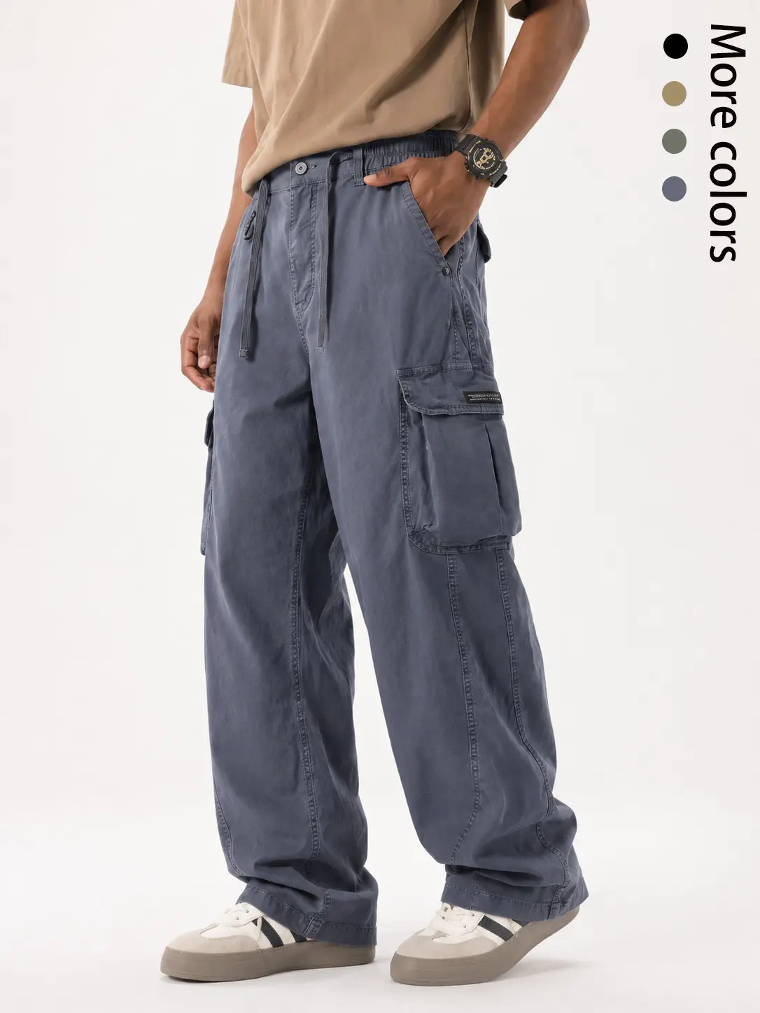 Men's Plain Cargo Pants, Vintage Loose Fit Trouser in Soft Breathable Natural Cotton with Drawstring Waist and Large Pockets, Day, Elastic