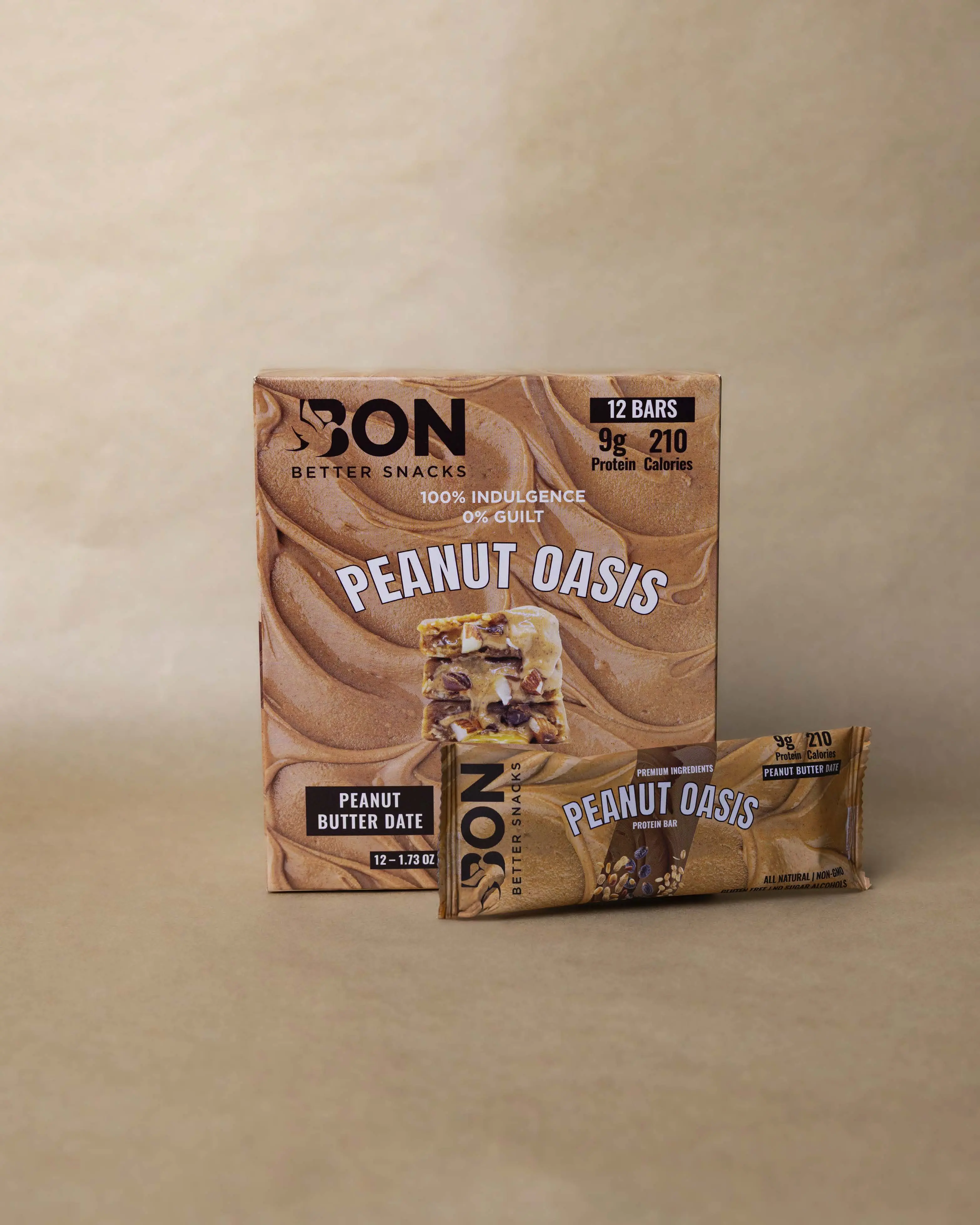 BON Peanut Oasis Protein Bar - Peanut Butter Date, 12 Bars, 9g Protein, 210 Calories, All-Natural, Non-GMO, Gluten-Free, Peanut Butter Date Flavor