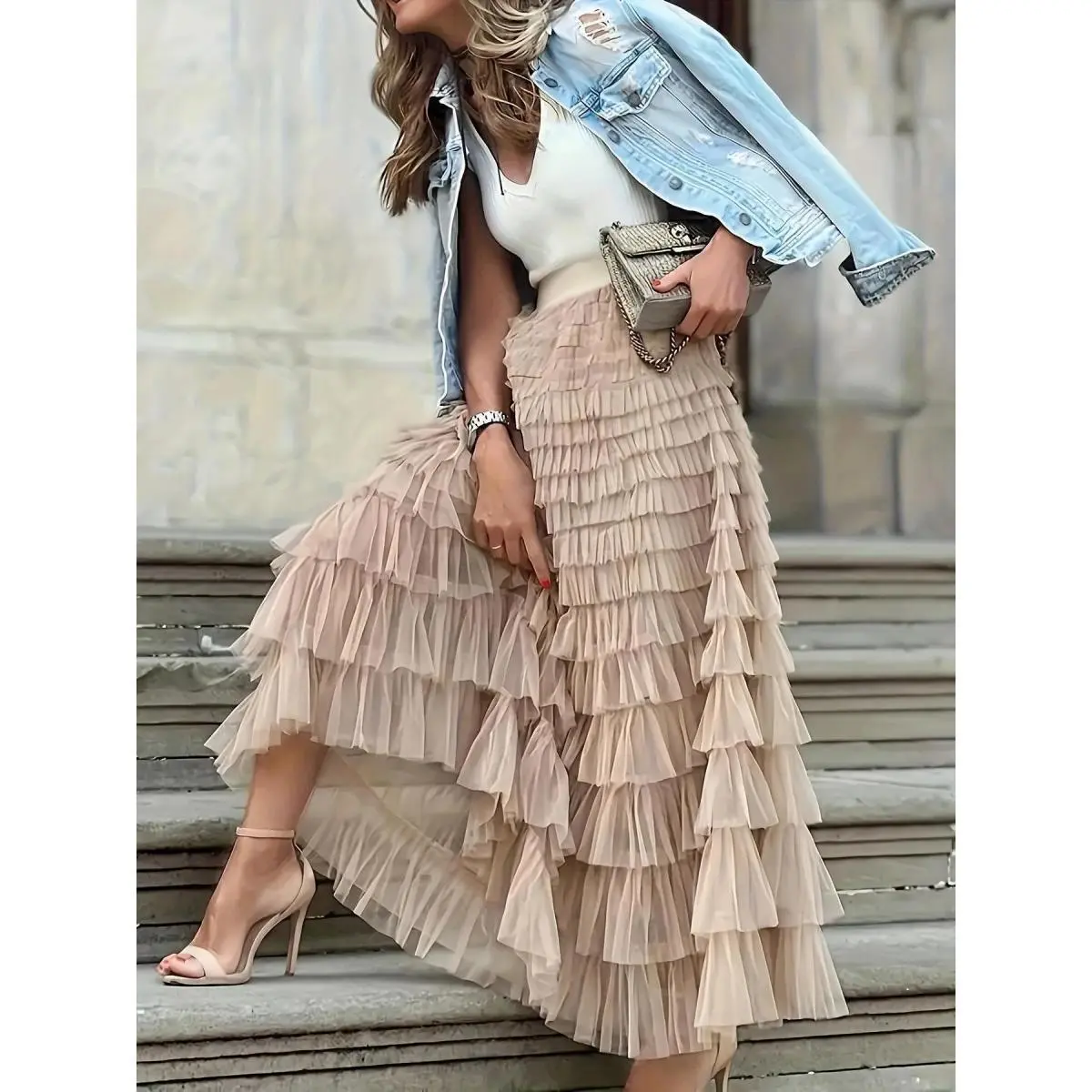 Women's Elegant Flowy Tulle Skirt, Aesthetic High-Waist Tiered Polyester Maxi with Stretch Jersey Lining for All Seasons, Fabric, Knit, Bottom