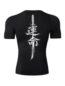 Men's Regular Fit Ninja & Japanese Character Print Round Neck Sports Tee, Gym T Shirts, Quick Drying Breathable Short Sleeve T-shirt for Gym Workout Running, Casual Sporty Top for Summer