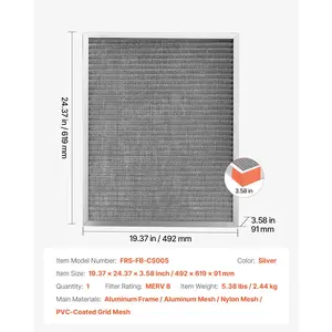 VEVOR Electrostatic Air Filter, 20x25x4 inch Washable Reusable Aluminum AC/HVAC Furnace Filter, MERV 8 Long Lifetime, Home or Office (Actual Size: 19.37x 24.37x 3.58 in)