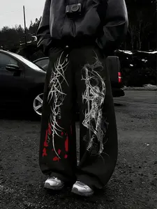 Trendy Y2K Punk Streetwear Wide Leg Pants, Sword Warrior & Thorn Print Loose Fit, Cool Casual Fashion for Tiktok, Urban Life, Parties