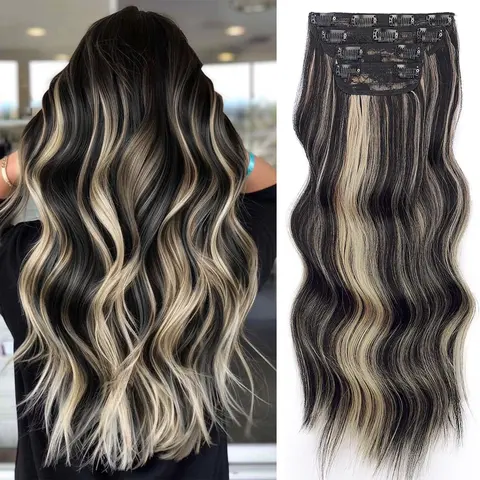 Sohochic AISI HAIR Classic 4PCS Heat Friendly Synthetic Clip-in Hair Extensions, 24in Dark Brown Double Weft 20-Clip Detachable Wavy/Straight Women's Natural Hairpiece