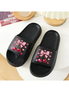 1 Pair of Pink Bow with Cherry Pattern Printed Athletic Sandals, Beach Sandals, Plus-size Sandals, Indoor Slippers, Shower Sandals, Pool Sandals, Vacation Sandals, Gym Sandals, Suitable for Sports, Fitness, Showering, and Everyday Casual Wear