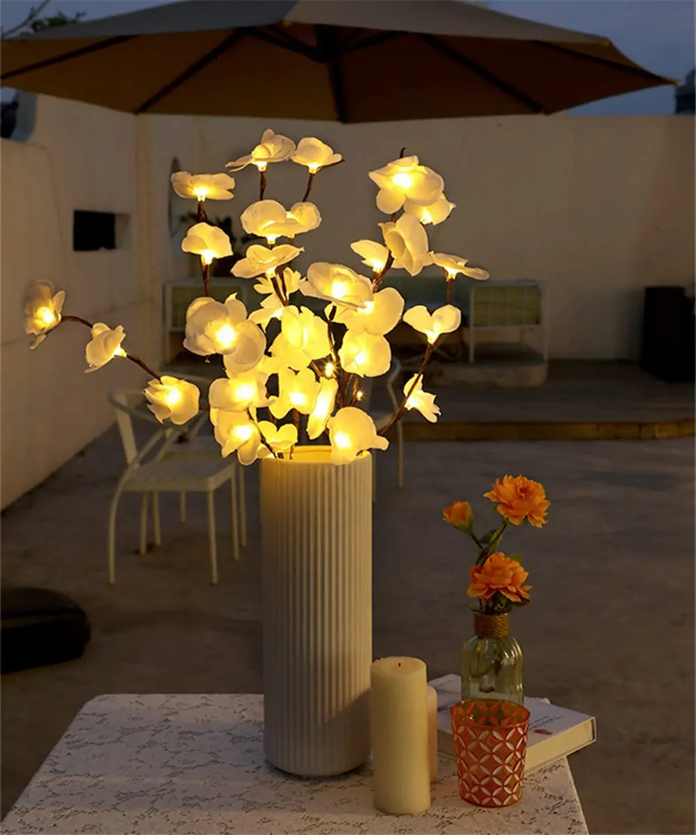 2-Pack Copper Artificial Phalaenopsis Twig Lights - 30in 20-LED White Orchid Branch Lights, Battery-Powered Low Voltage Indoor Table Lamps for Home, Wedding Decor