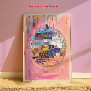1pc, wall art, vintage poster, hand-painted disco ball print, pink light ball canvas painting, bedroom aesthetic, living room decor, apartment decor, housewarming gift, frameless