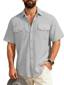 Men's Linen Collared Short Sleeve Button-Up Shirt, Casual Beachwear with Front Pockets, Breathable Loose Fit Summer Top (multiple Colors)
