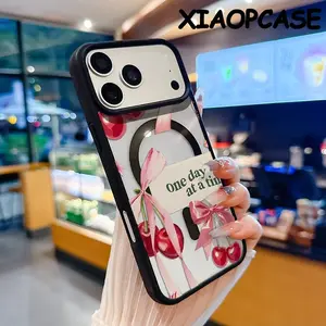 Magnetic Phone Case Compatible with iPhone 17 Pro Max Air 16 15 14  13 12 11 Plus,Pink bow cherry Pattern Clear Acrylic Hard Back Soft TPU Edge Non-Yellowing Protective Cover