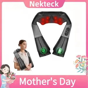 Nekteck Cordless Shiatsu Neck & Back Massager with Heat - 8 Nodes, 3 Intensity Levels, Rechargeable Battery, Ergonomic Design for Pain Relief