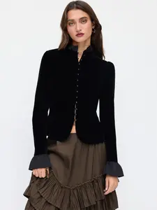 Cider - Velvet Stand Collar Lettuce Trim Bell Sleeve Jacket